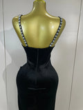 Sexy Photo Shoot Outfit Sparkly Diamonds Side Slit Black Velvet Bodycon Long Dress Women Evening Party Nightclub Stage Costumes