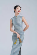 Improved Artistic Grid Long Sleeveless Cheongsam Dress Spring New Fashion Young Girl's Daily Qipao Dress