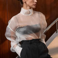 Solid Loose Fashion Blouse for Women Stand Neck Long Sleeves Patchwork Sheer Elegant T Shirts Female Clothing New