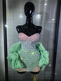 Mint Color Women Sexy Strapless Shining Rhinestones Ball Gown Mini Dress Cute Celebrate Birthday Party Performance Costumes