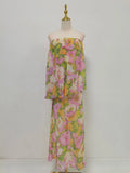 Summer Beach Floral Printing Dress for Women Strapless Sleeveless Spliced Folds Tiered Long Dresses Female Clothing