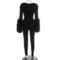 Cross Hollow Jumpsuit Women Sexy Fit Fur Patchwork Full Sleeve Workout Activity Streetwear Stretch Tight Overalls