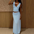 Chic Light Blue 2 Piece Outfit Women Deep V Neck Sleeveless Ruched Crop Top Low Waist Flowy Maxi Skirt Suit Party Matching Sets