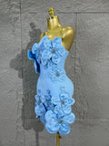 Strapless 3D Handmade Flower RhinestoneBandage Mini Dress Women Sky CorsetBodycon Short Cocktail Party Evening Dress