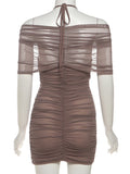 Y2K Mesh Halter Dress Women Sexy Ruched Patchwork Pleat Lace-Up V-Neck Button Elegant Peach Hip Stretch Slim Bodycon
