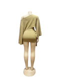 Sexy 2 Piece Set Women Skew Collar Loose Crop Tops+Ruched Knot Ribbon Skirt Matching Beach Vacation Party Club Suit