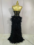 Sparkly Rhinestones Feathers Long Tail Bodysuits Sexy Mesh Transparent Stage Dress Evening Party Celebrate Luxury Birthday Dress
