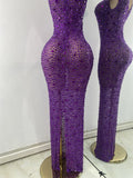 Luxury Purple Rhinestones Long Party Dress Celebrity Women Sexy Sleeveless Mesh See Through Prom Gown Club Birthday Dresses