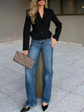 Black Loose Spliced Buttons Chic Jackets for Women Lapel Long Sleeve Commute Basics Jacket Female Summer Fashion