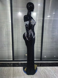 Women Sexy Off the Shoulder Mesh See Through Shining Rhinestone Bodycon Long Dress Gloves Celebrate Evening Party Cocktail Wear