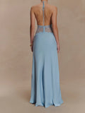 Luxurious Dinner Blue Halter Maxi Dress for Women Deep V Neck Spliced Sheer Lace Trim for Romantic Anniversaries
