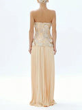 Elegant Two Piece Sets For Women Solid Splicing Embroidered Flower Strapless Top+Pleated Long Skirt Set Female New