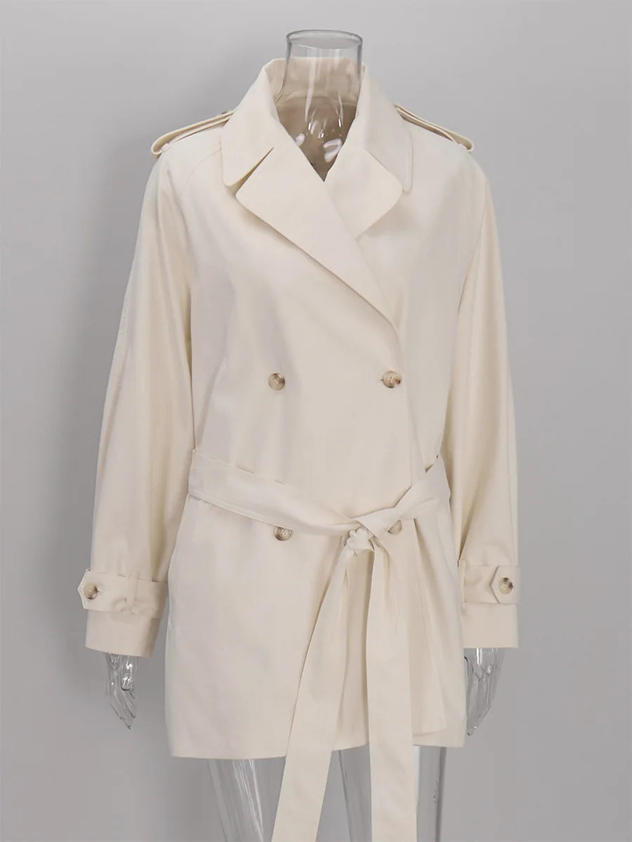 Women's Double Breasted Trench Coat Lapel Waist-Cinching Lace Up Mid Length Windbreaker Jacket Autumn Casual Street Coat