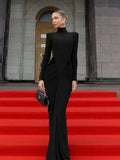 Fashionable And Sexy Round-Neck Long-Sleeved Pleated Long Dress, Waist-Cinching And Slimming, For Dinner Parties