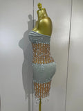 Sexy Strapless Rhinestone Pearl Chain Mesh Mini Dress Women Luxury Birthday Party Nightclub Celebrity Stage Performance Outfit