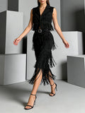 White Fringe Modern Two Piece Set for Women Nitched Collar Sleeves Tank Top Tiered Designmid Skirt Suit for Art Exhibitions