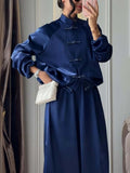 Solid Spliced Buttons Two Piece Set Female Stand Collar Long Sleeve Top Retro Chinese Women's Trousers Sets Fashion