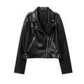 Women's Spring Black faux-leather jacket Casual zipper and belt Cycling jacket Casual jacket jacket