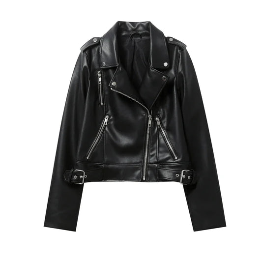 Women's Spring Black faux-leather jacket Casual zipper and belt Cycling jacket Casual jacket jacket