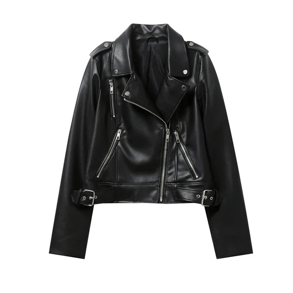 Women's Spring Black faux-leather jacket Casual zipper and belt Cycling jacket Casual jacket jacket