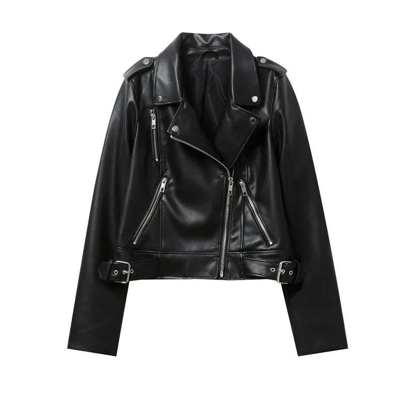 Women's Spring Black faux-leather jacket Casual zipper and belt Cycling jacket Casual jacket jacket