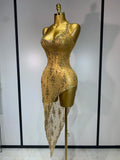 Sparkly Crystal Diamond Gold Sexy See-Through Sheath Dress Nightclub Performance Custome Stage Wear Birthday Evening Party Dress