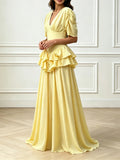 V Neck Puff Short Sleeve Maxi for Dress Women Ruched Fitted Waist Tiered Double Ruffle Hem for Summer Daily Party Occasion