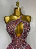 Sexy Sparkly Diamond Backless Short Dress 2025 Women Sleeveless Mesh See Through Evening Birthday Gown Singer Stage Outfit