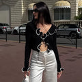 New Fungus Long Sleeve Knitted Cardigan Female Contrast Color Splice Short Top Lace Up Bodycon Sweater Cardigan Lady