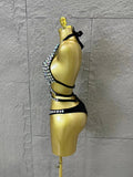 Gold Luxurious Black Bodysuit Women Sexy Halter Neck Iridescent Crystal Embellished Cutout Outfit Stage Performance Costume