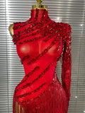 Black Red Women Sexy One Shoulder Shinning Crystal Sequins Tassels Bodycon Mid-calf Dress Nightclub Party Bar Dancer Costumes