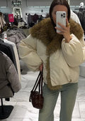 Vintage Faux Fur Trim Puffer Jacket Women Big Furry Collar Oversized Bubble Sleeve Warm Winter Coat Lady Winter Outerwear 2026