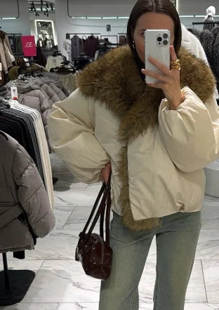 Vintage Faux Fur Trim Puffer Jacket Women Big Furry Collar Oversized Bubble Sleeve Warm Winter Coat Lady Winter Outerwear 2026