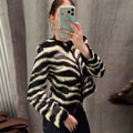 Women Round Neck Zebra Striped Zip‑Up Jacket Long Sleeve Zebra Print Cropped Faux Leather Loose Casual Streetwear Outerwear Coat
