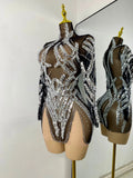 Sparkly Sequins Rhinestones Women Sexy Black Mesh See Through Long Sleeve Party Nightclub Performance Costume Stage Wear