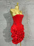 Strapless Corset Bandage Mini DressWomen Hand Beaded 3D Floral Bodycon ShortCocktail Party Wedding Guest Evening Dress