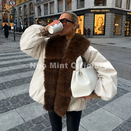 2026 Winter Luxury Fur Collar Puffer Bomber Jacket Women Warm Padded Quilted Parka Coat Iconic Fashion Girls Outerwears