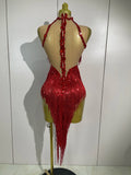2026 New Sparkly Rhinestones Tassel Mesh Sexy See-Through Dress Latin Dance Outfits Women Bar Nightclub Show Party Stage Costume