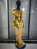 Pink Golden Women Sexy Mesh See Through Bodycon Long Dress 3D Leaves Celebrate Birthday Photoshoot Performance Costumes Wear