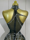 Sparkly Diamond Sexy Mesh Stretch Bodysuits Women Evening Nightclub Bar Party Show Gogo Dancer Clothing Stage Costume