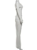 Patchwork Dress Women Mesh Elegant Sexy 2025 Spring Slash Neck Ruched Chic Birthday Party Festival Vacation Vestidos