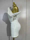 Women White Off The Shoulder Mesh Eveing Party Birthday Prom Nightclub Costumes Elegant Puff Sleeve Ruched Bodycon Mini Dress