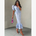 White Pink Floral Choker Neck Dress Women Elegant V-neck 3/4 Sleeves Peplum Ruffle Hem Long Dresses 2026 Lady Daily Vestidos New