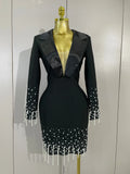 Women Celebrate Eveing Party Club Luxury Birthday Dress Elegant Black V Neck Pearls Beaded Long Sleeves Bodycon Bandage Dress