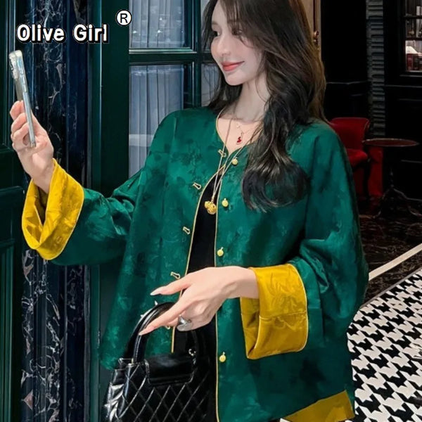 Olive Girl Romantic Jacquard Set for Ren Faire 2026 Garden Wedding Fairycore Photoshoot Everyday Wear Jacquard S-XXL XS-3XL Plus Size Romantic Cottagecore Garden Party Editorial Not Costume Jacquard Set Chinese Set Chinese Heritage Fashion Women