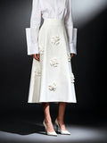 Solid Color Spliced Appliques Elegant A-line Skirt White Pink Mid-length For Women High Waist Skirt Female