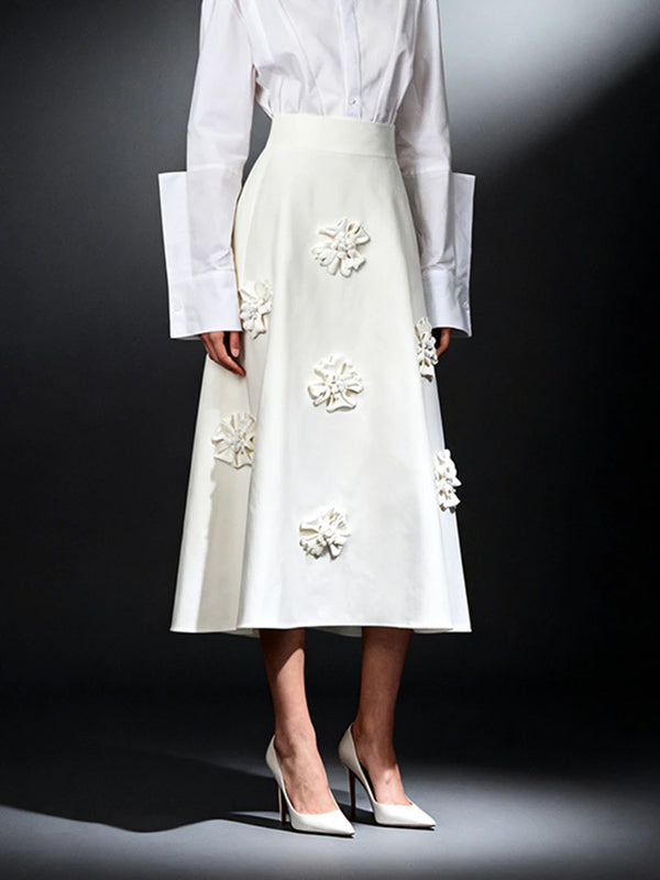 Solid Color Spliced Appliques Elegant A-line Skirt White Pink Mid-length For Women High Waist Skirt Female