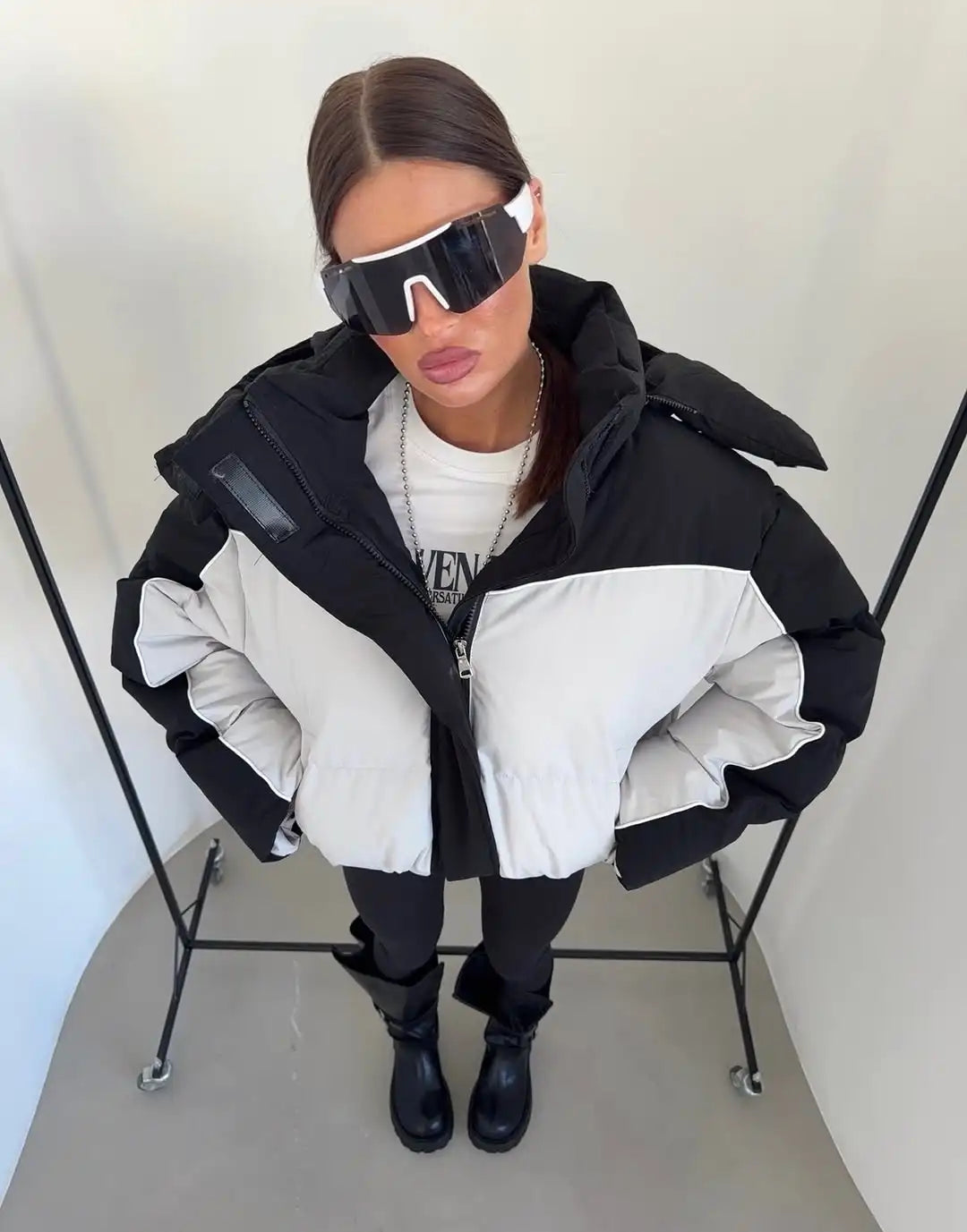Black White Color Block Puffer Jacket Womens Zip Up Oversized Loose Fit Warm Coat Fall Winter Streetwear Daily Trendy Outerwear