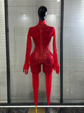 Singer Show Leotard Gogo Drag Queen Outfit Women Sexy Red Rhinestone Jumpsuit Stage Performance Costume Bar Club Birthday Party