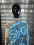 Skyblue Women Long Sleeve Shining Sequins Mesh See Through Bodycon Mini Dress Nightclub Bar Singer Celebrate Performance Costume